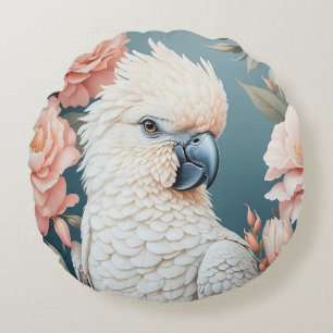 Cute Baby Cockatoo Parrot Soft Pink Flowers Round Cushion