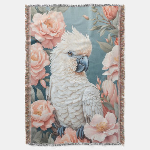 Cute Baby Cockatoo Parrot Soft Pink Flowers Throw Blanket