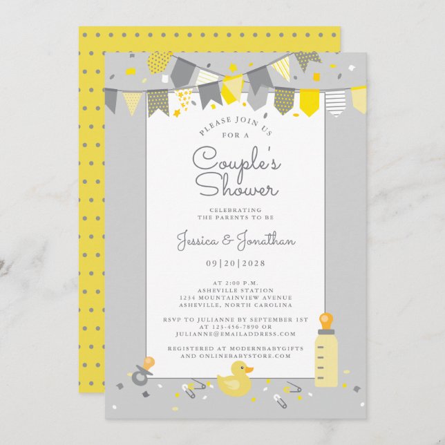 Cute Baby Couples Shower Yellow Grey Banner Modern Invitation (Front/Back)