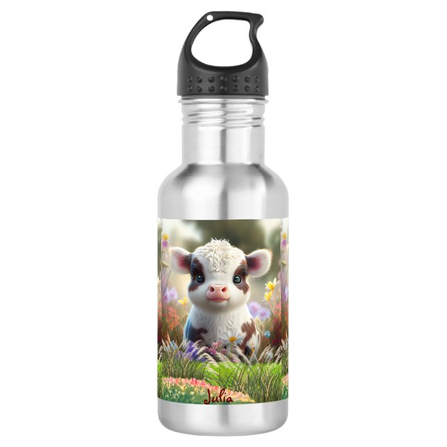 Cute Baby Cow Calf sitting in Flower Garden Farm  532 Ml Water Bottle (Front)