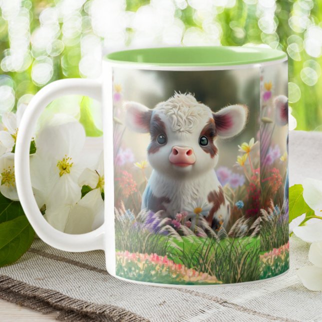 Cute Baby Cow Calf sitting in Flower Garden Farm  Two-Tone Coffee Mug (Creator Uploaded)