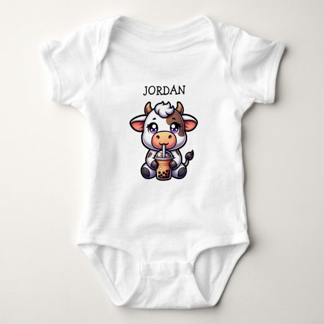  Cute Baby Cow Drinking Boba Kawaii Cartoon Bodysuit (Front)
