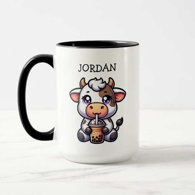  Cute Baby Cow Drinking Boba Kawaii Cartoon Mug (Left)