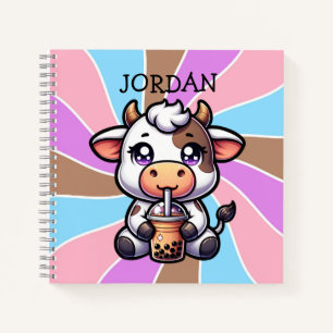  Cute Baby Cow Drinking Boba Kawaii Cartoon Notebook