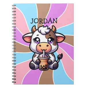  Cute Baby Cow Drinking Boba Kawaii Cartoon Notebook