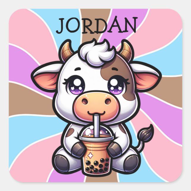  Cute Baby Cow Drinking Boba Kawaii Cartoon Square Sticker (Front)