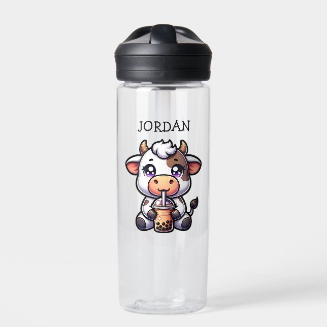  Cute Baby Cow Drinking Boba Kawaii Cartoon Water Bottle (Front)