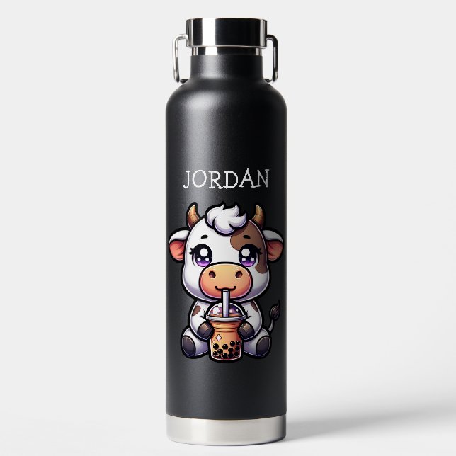  Cute Baby Cow Drinking Boba Kawaii Cartoon Water Bottle (Front)
