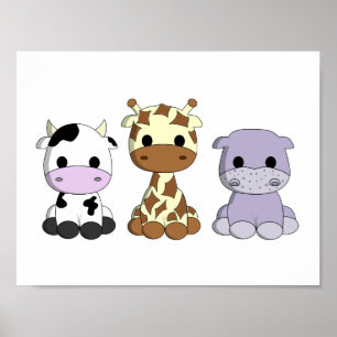 Cute baby cow giraffe hippo cartoon nursery poster