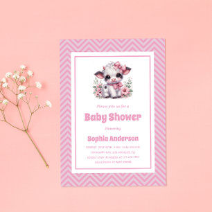 Cute Baby Cow Girl Baby Shower - Pink Floral Farm  Invitation