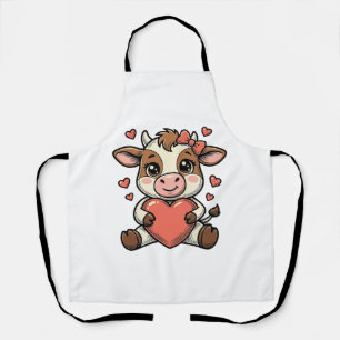 Cute Baby Cow Holding Heart Vintage Engraving Shir Apron