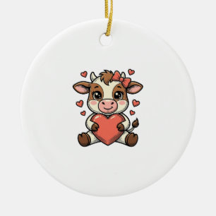 Cute Baby Cow Holding Heart Vintage Engraving Shir Ceramic Ornament