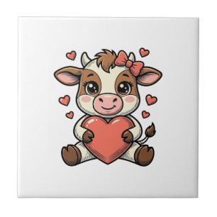 Cute Baby Cow Holding Heart Vintage Engraving Shir Ceramic Tile