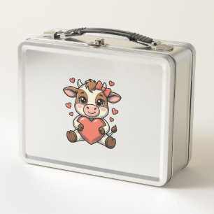 Cute Baby Cow Holding Heart Vintage Engraving Shir Metal Lunch Box