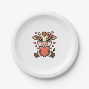 Cute Baby Cow Holding Heart Vintage Engraving Shir Paper Plate