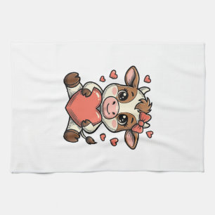 Cute Baby Cow Holding Heart Vintage Engraving Shir Tea Towel