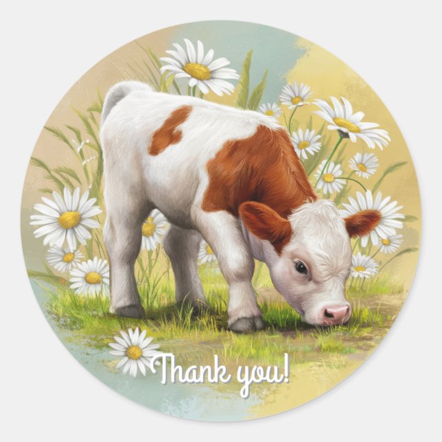 Cute Baby Cow in a field of Daisies Western Classic Round Sticker (Front)