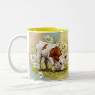 Cute Baby Cow in a field of Daisies Western Two-Tone Coffee Mug