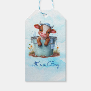 Cute Baby Cow in Bucket Blue Baby Shower Its a Boy Gift Tags
