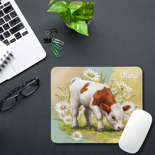 Cute Baby Cow in field of Daisies,Country Western Mouse Pad