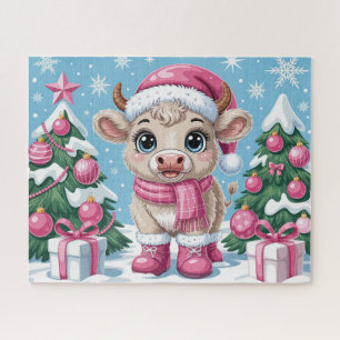 Cute Baby Cow Pink Christmas Jigsaw Puzzle
