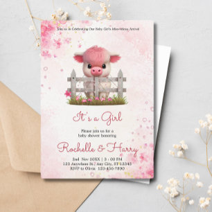 Cute Baby Cow Pink Floral Baby Shower Its a Girl Invitation