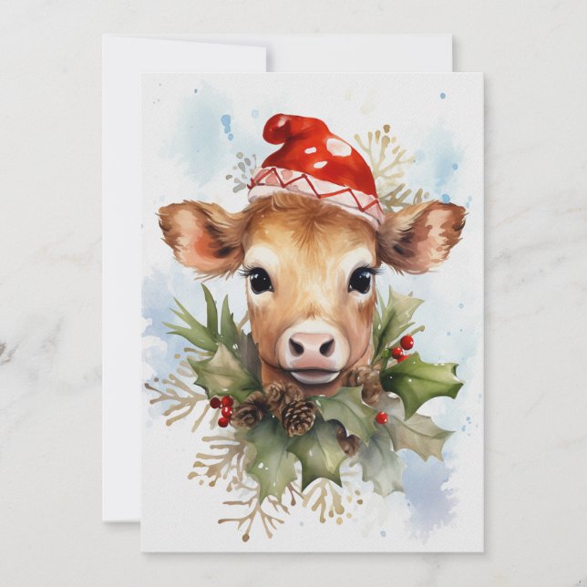 Cute Baby Cow Winter Christmas Watercolor Invitation (Front)