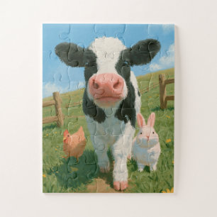 Cute Baby Cow with Chicken and Bunny on Farm Jigsaw Puzzle