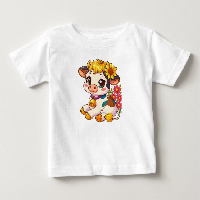 Cute Baby Cow with Flowers Tshirt (Front)