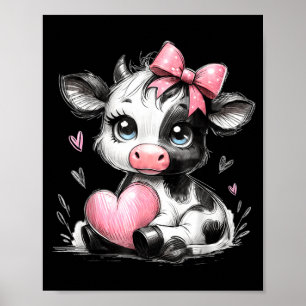 Cute Baby Cow With Nk Coquette Bow Holding Heart Poster