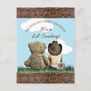 Cute Baby Cowboy and Teddy Bear Baby Shower Invite Postcard