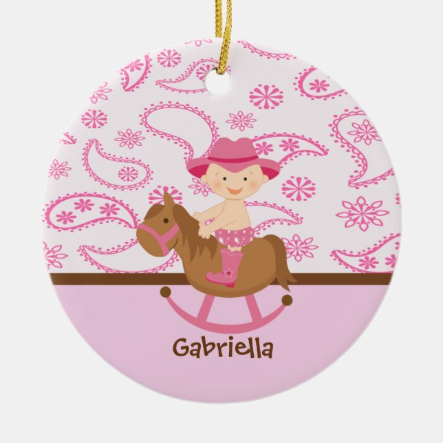 Cute Baby Cowgirl in Pinkon a horse  Ornament (Front)