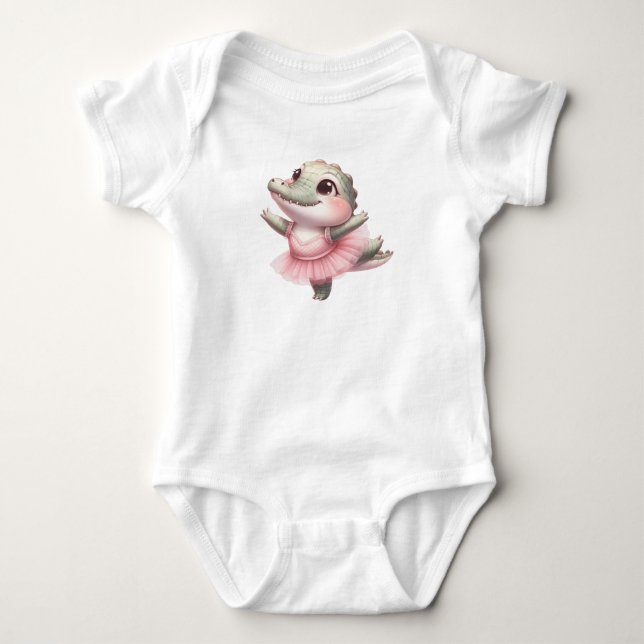 Cute baby crocodile practicing ballet bodysuit (Front)