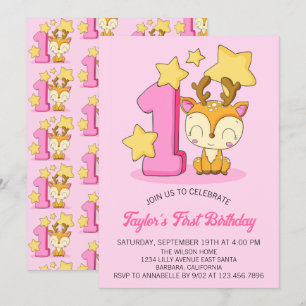 Cute Baby Deer 1st Birthday Party Invitation
