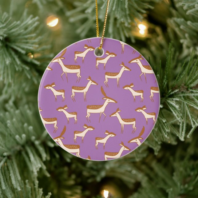 Cute Baby Deer and Family on Lavender Purple Ceramic Ornament (Tree)