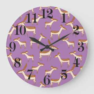 Cute Baby Deer and Family on Lavender Purple Large Clock