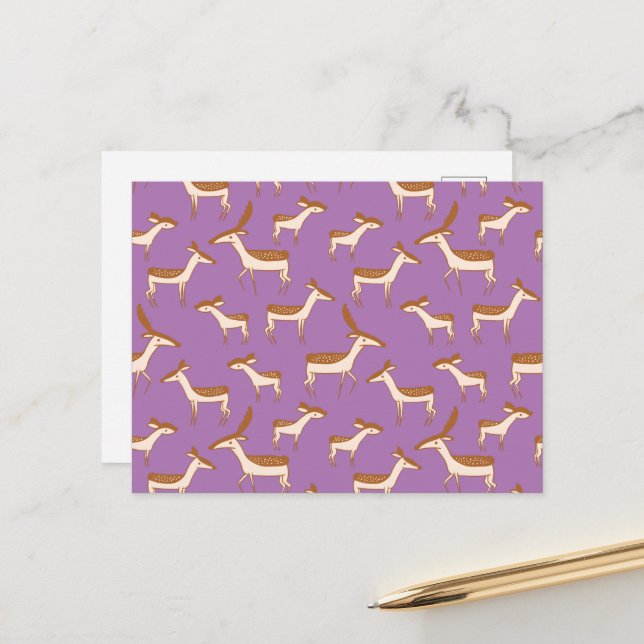 Cute Baby Deer and Family on Lavender Purple Postcard (Front/Back In Situ)