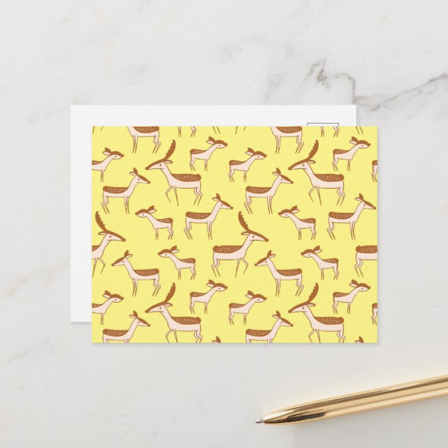 Cute Baby Deer and Family on Pastel Yellow Postcard (Front/Back In Situ)