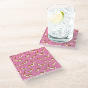Cute Baby Deer and Family on Pink Glass Coaster