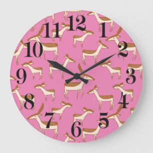 Cute Baby Deer and Family on Pink Large Clock