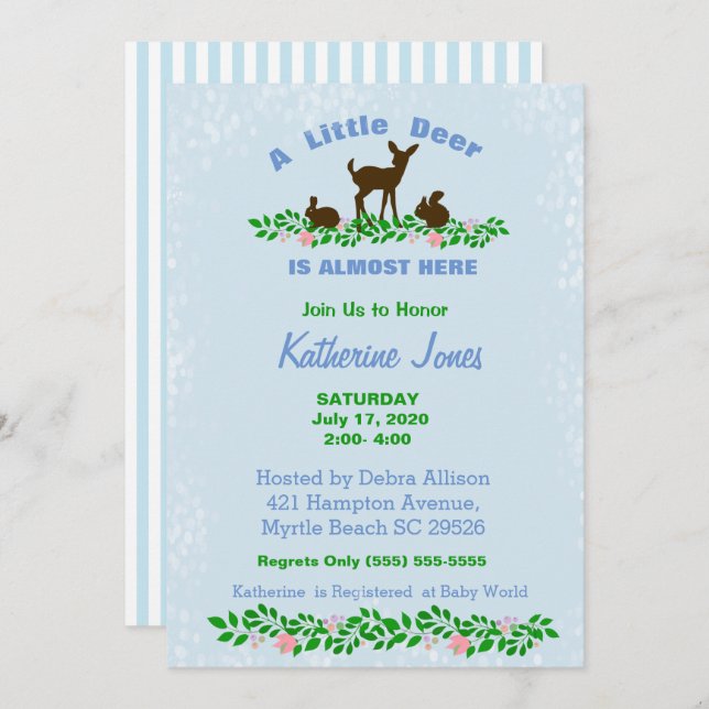 Cute Baby Deer Baby Shower Invitation (Blue) (Front/Back)