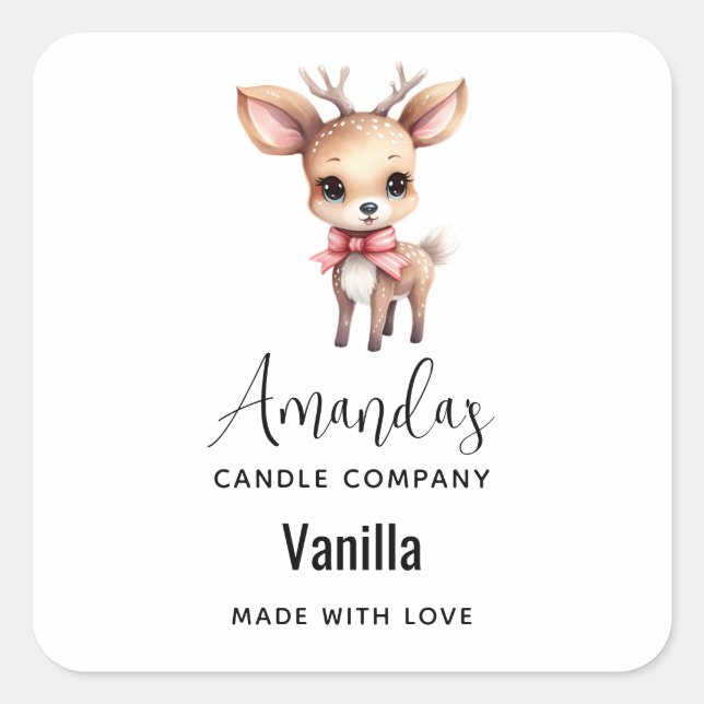 Cute Baby Deer Cartoon Drawing Candle Business Square Sticker (Front)