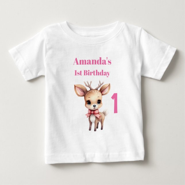 Cute Baby Deer Cartoon Illustration 1st Birthday Baby T-Shirt (Front)