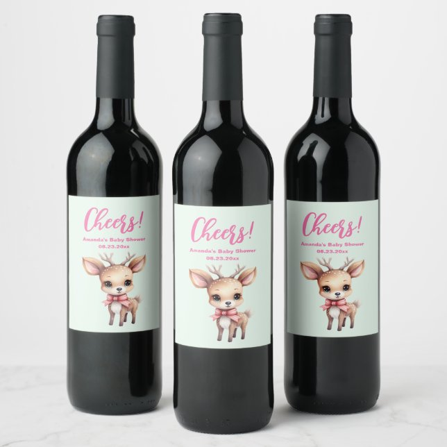 Cute Baby Deer Cartoon Illustration Baby Shower Wine Label (Bottles)