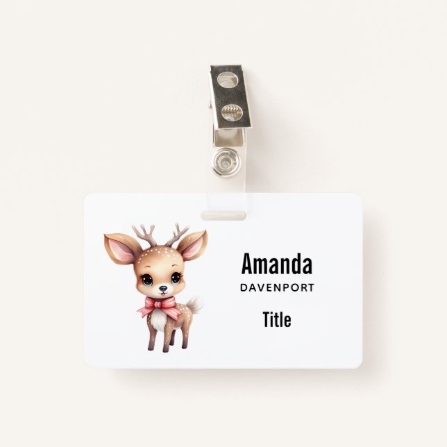 Cute Baby Deer Cartoon Illustration ID Badge (Front with Clip)