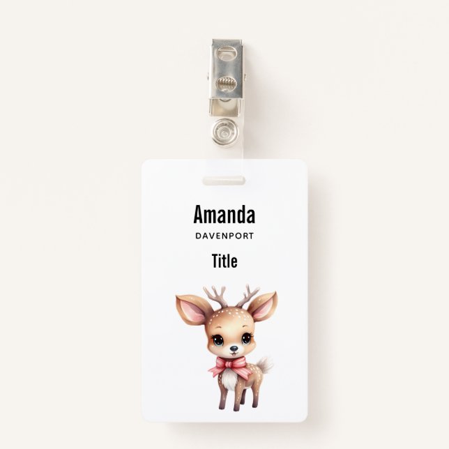 Cute Baby Deer Cartoon Illustration ID Badge (Front with Clip)