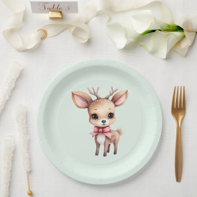 Cute Baby Deer Cartoon Illustration Paper Plate (Wedding)
