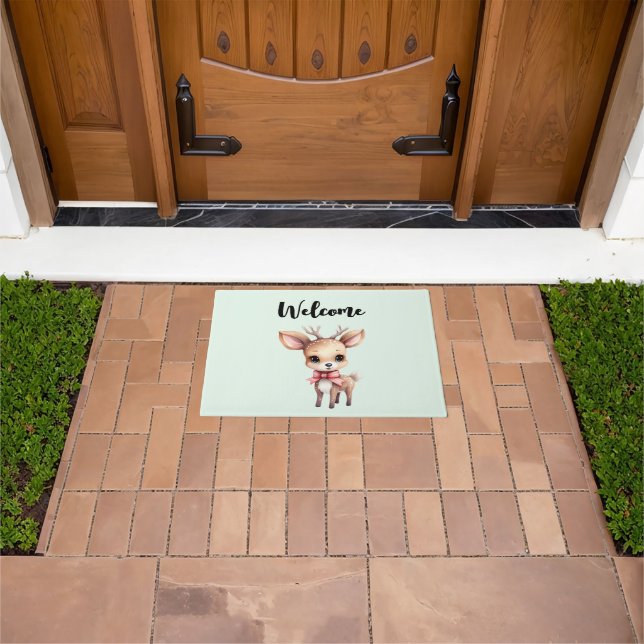 Cute Baby Deer Cartoon Illustration Welcome Doormat (Outdoor)