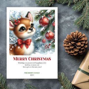 Cute Baby Deer Christmas Scene Watercolor Greeting Holiday Card