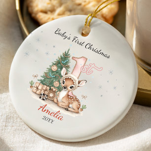 Cute baby deer first Christmas pink personalized  Ceramic Ornament